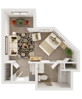 Assisted Living Studio Apartment Floor Plan Render