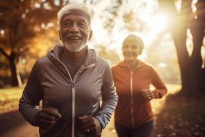 What is healthy aging? Man and woman with gray hair running