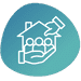 Icon of a hand holding a house with three people inside, symbolizing care or protection of a family or community and representing diverse Living Options, on a teal circular background.
