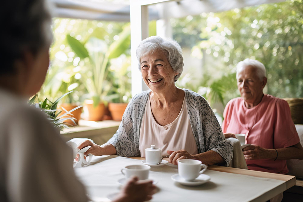 Woman smiling while enjoying coffee in an active independent senior living community.