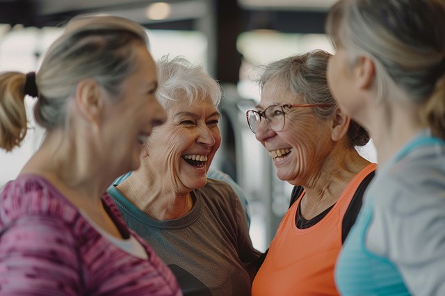 Adult Day Care. Four older adult women standing together and laughing.