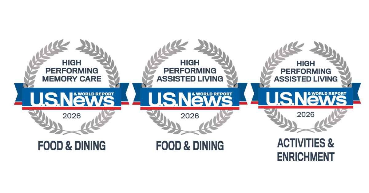 Three U.S. News 2026 awards for high performing memory care, assisted living, and activities & enrichment in food & dining at AlmaVia of Camarillo—recognized among the Best Senior Living communities.
