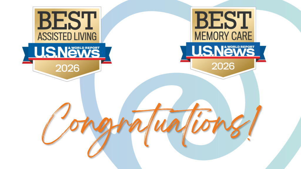 Two U.S. News 2026 award badges for Best Assisted Living and Best Memory Care appear above the word "Congratulations!" honoring AlmaVia of Camarillo as a Best Senior Living community.
