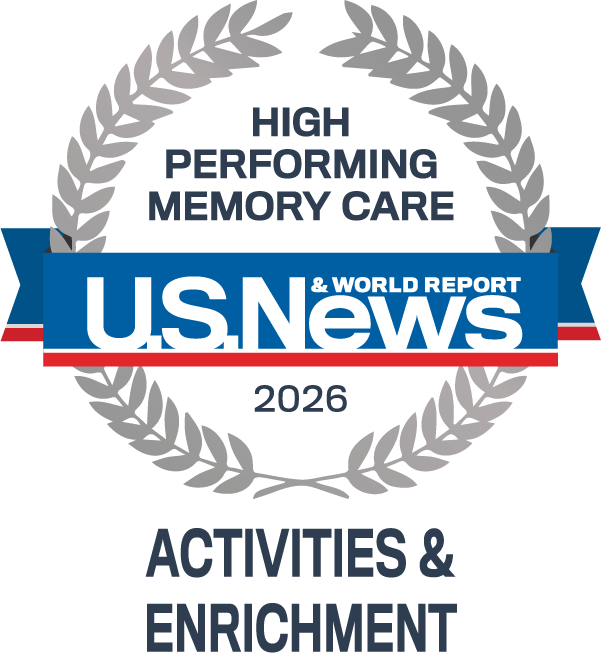 A U.S. News & World Report 2026 badge for High Performing Memory Care in Activities & Enrichment, with laurel wreath graphics, highlights AlmaVia of San Francisco as Best Senior Living.
