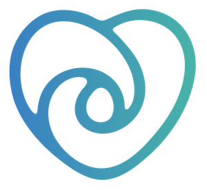 A blue and green gradient outline forms an abstract heart shape with a swirl design inside.