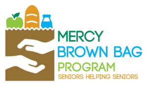Logo for the Mercy Brown Bag Program overseen by Executive Director Kiel Stromgren featuring a paper grocery bag with hands reaching out and the text Seniors Helping Seniors